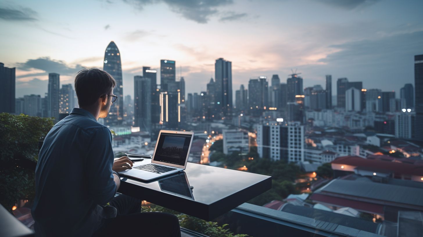 A person working on a laptop with a city skyline view.